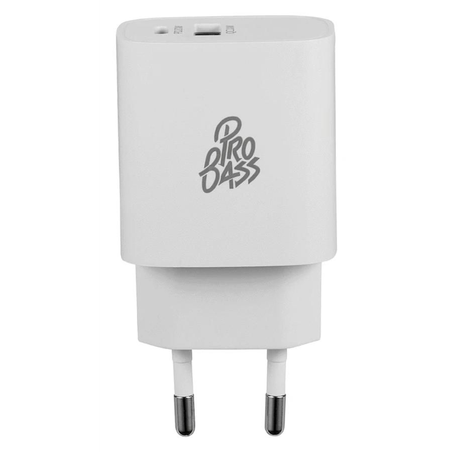 Pro Bass Rapidcharge Series 20w+18w Dual USB and Type-C Wall Charger - White