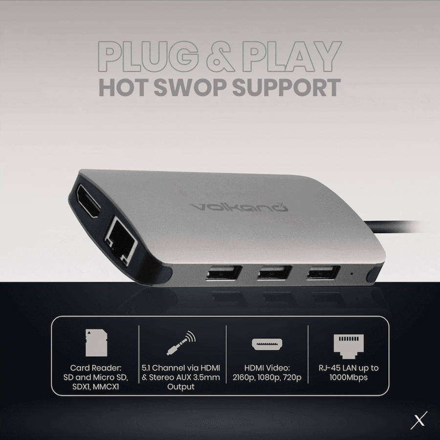 VolkanoX Core Multi Series USB Type-C - HDMI + 3x USB 3.0 + LAN + Card Reader + Audio + PD