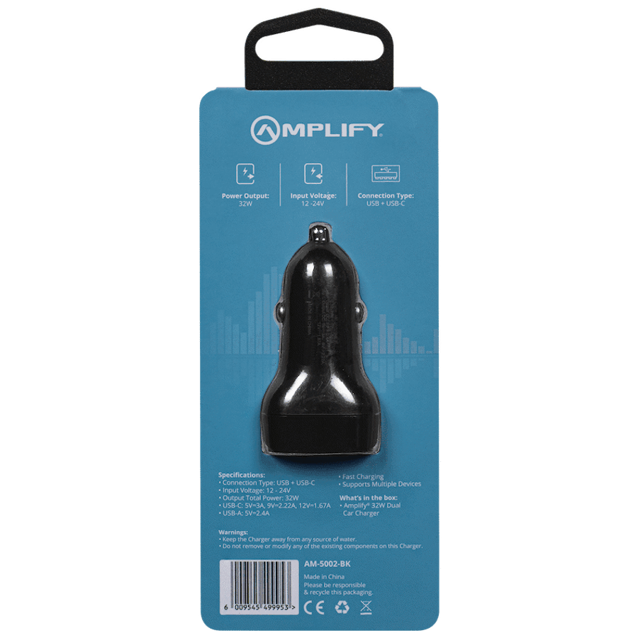Amplify Volto Series Dual Car Charger 32W (Type-C + USB) - Black