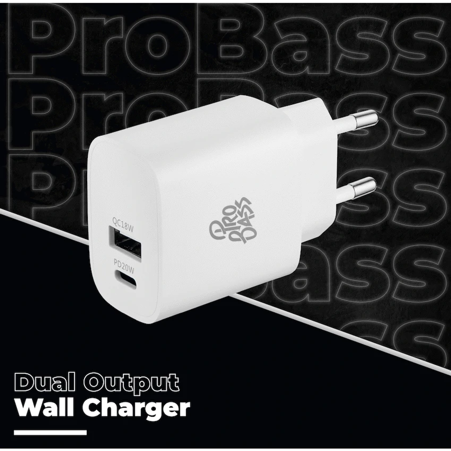Pro Bass Rapidcharge Series 20w+18w Dual USB and Type-C Wall Charger - White