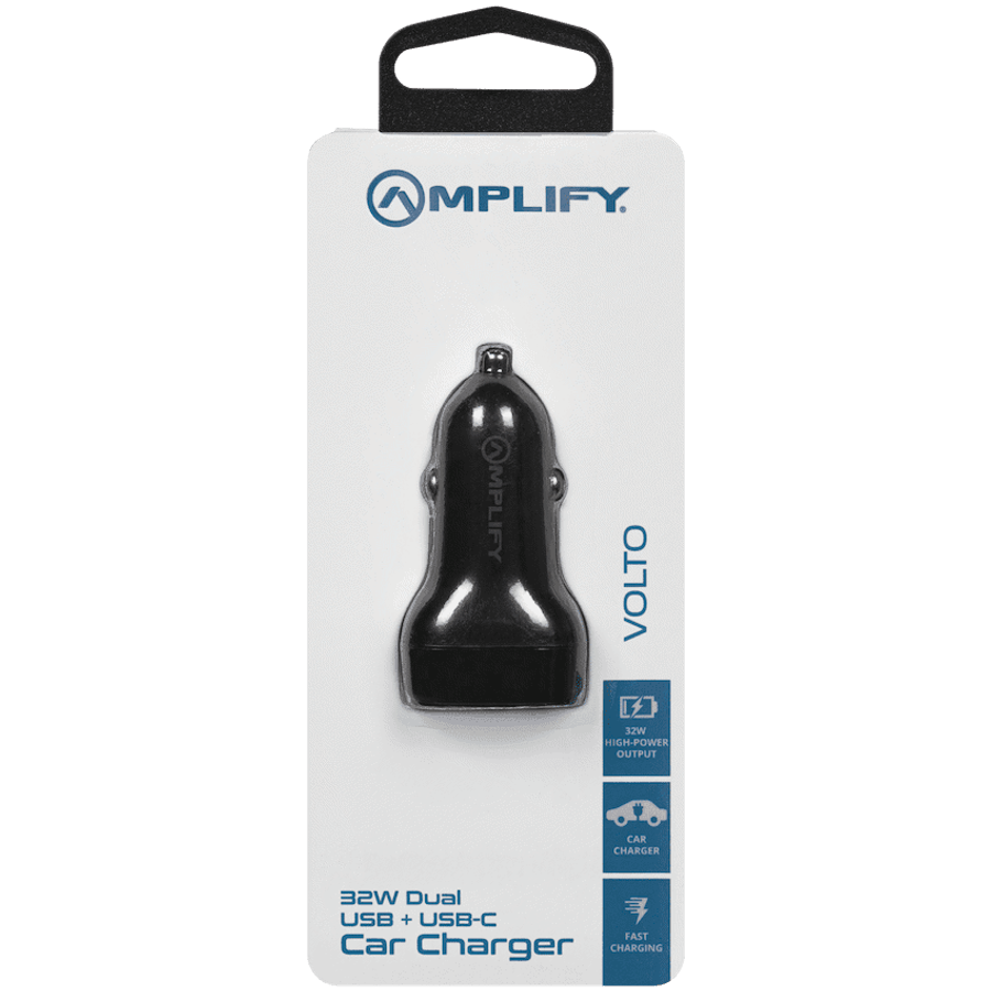 Amplify Volto Series Dual Car Charger 32W (Type-C + USB) - Black