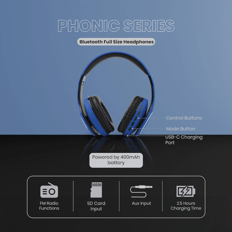 Volkano Phonic Series Bluetooth Full Size Headphones - Blue