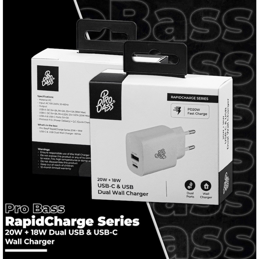 Pro Bass Rapidcharge Series 20w+18w Dual USB and Type-C Wall Charger - White