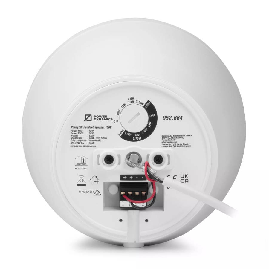 PDM PURITY5W CONE PENDANT SPEAKER 5.25INCH WHITE 30W 100V IP20