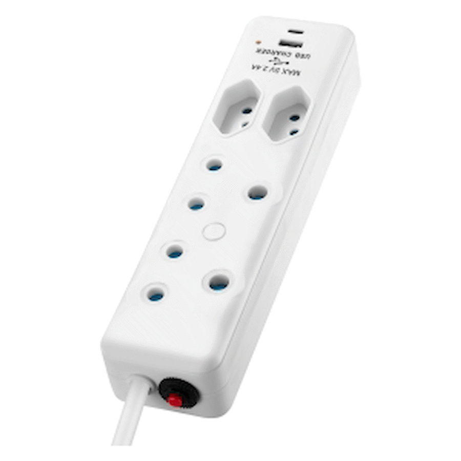 Switched 4-Way Extension Lead with 1x Type-C + 1x USB - 4m
