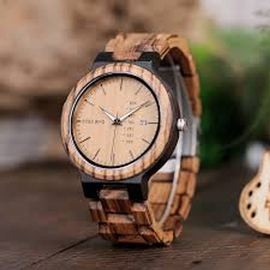 BOBO BIRD Men's Zebra Wood  Quartz Date wristwatch With Week Display
