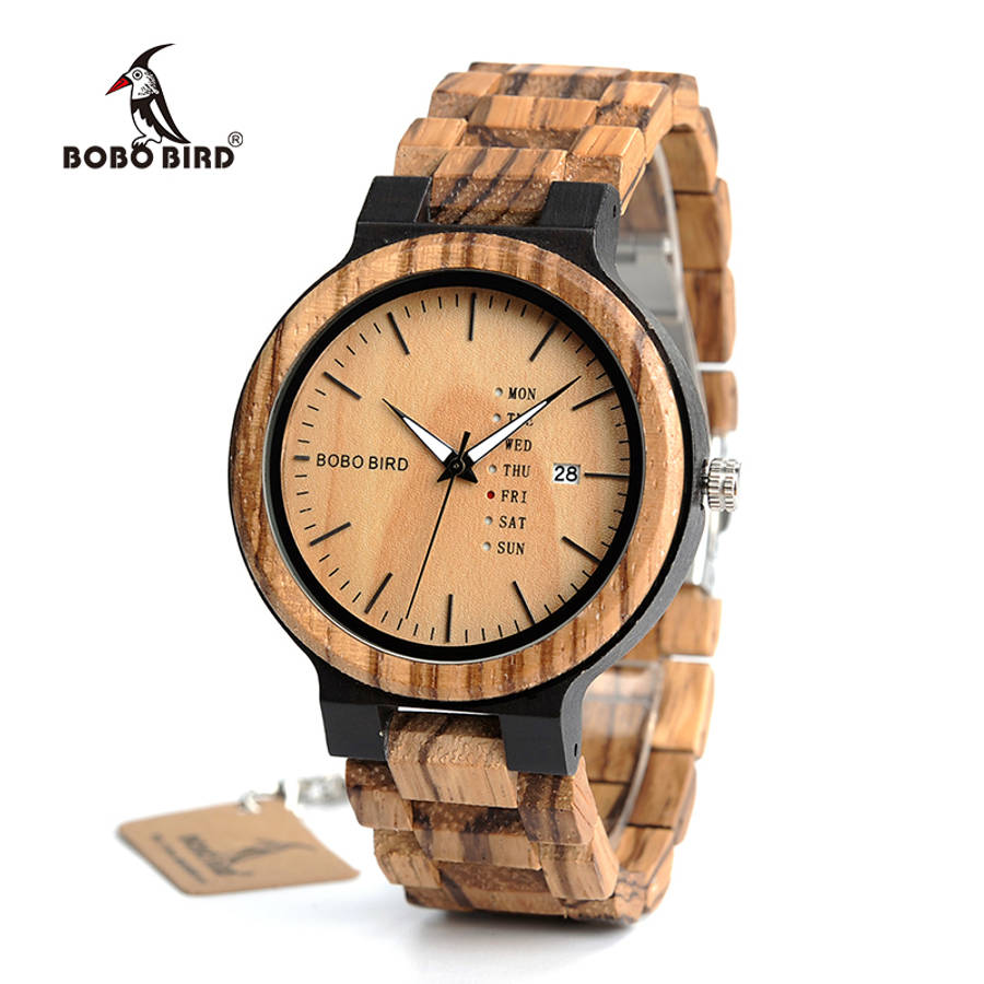 BOBO BIRD Men's Zebra Wood  Quartz Date wristwatch With Week Display