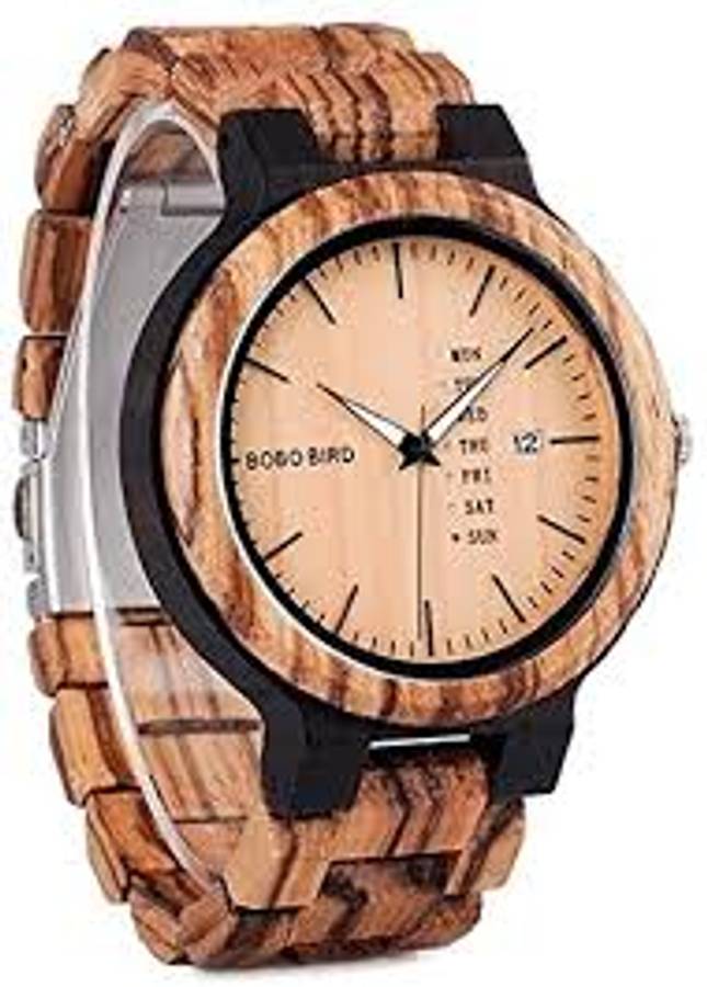BOBO BIRD Men's Zebra Wood  Quartz Date wristwatch With Week Display