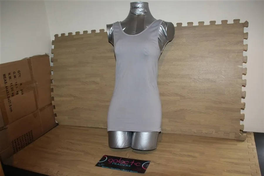 Grey Tank top, doesnt say size or material, looks medium and nylon