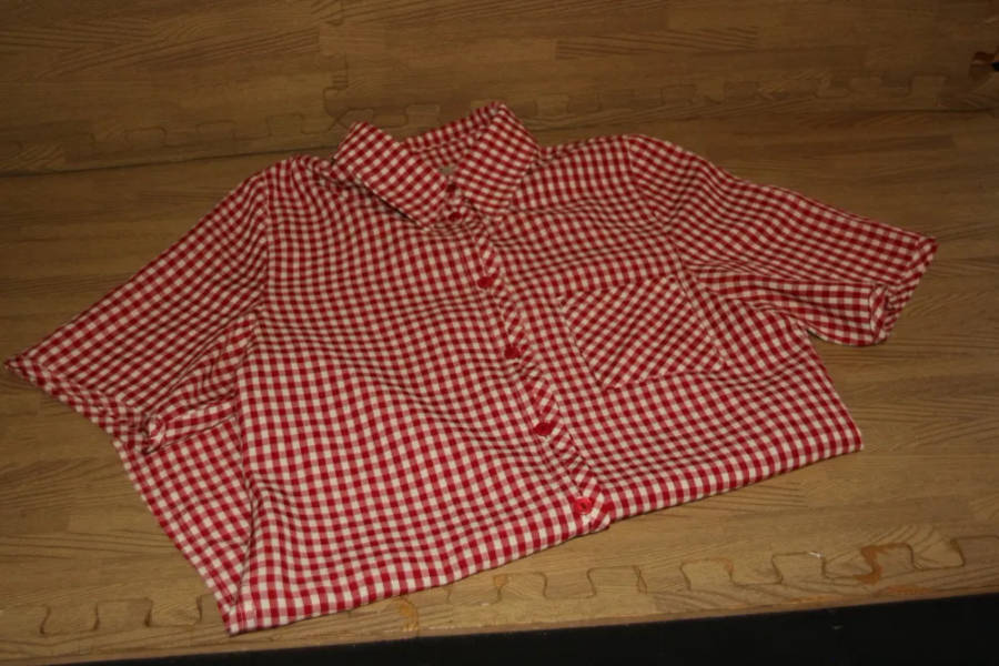 Red and white checkered short-sleeve button-up shirt, size SA 34