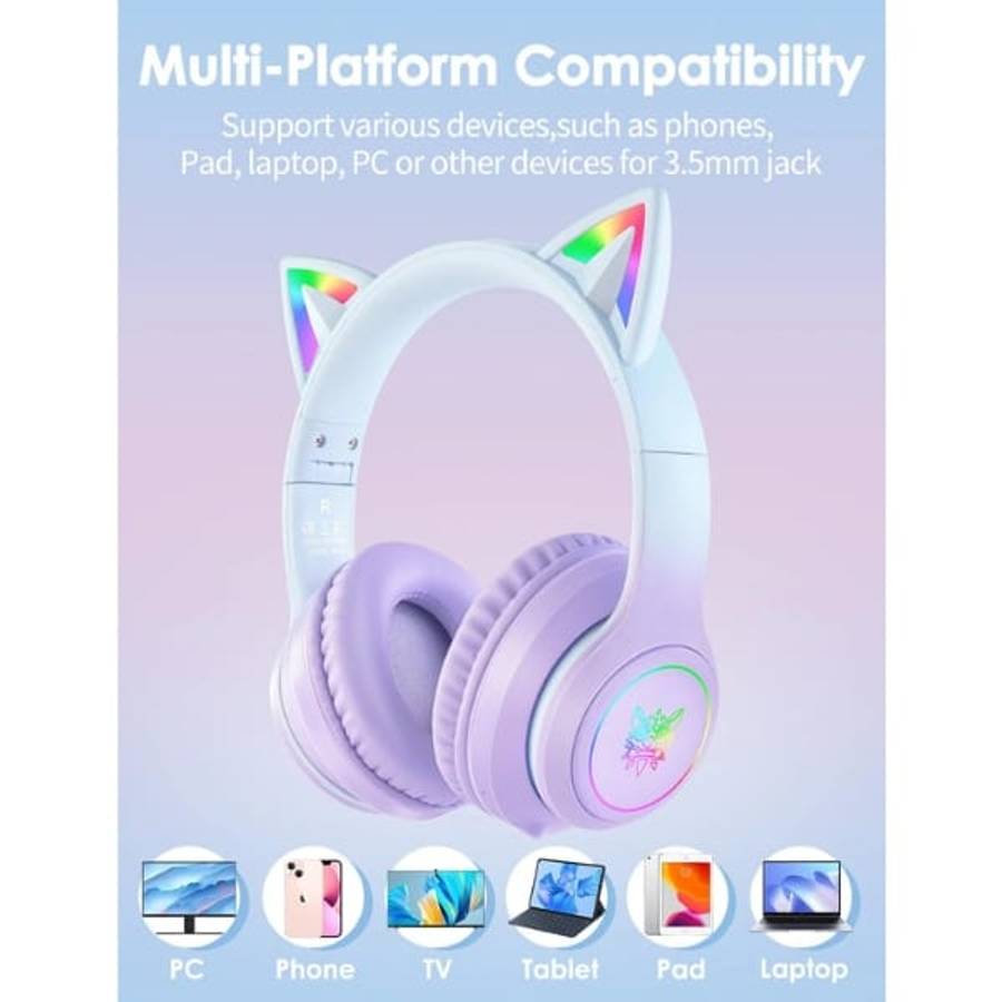 Onikuma B90 RGB Cat Ear Bluetooth 5.0 Wireless Gaming Headset  Purple