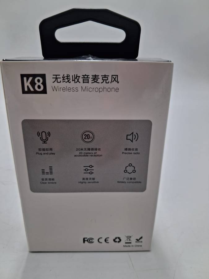  K8 Wireless Microphone  Clip-On Lavalier Mic for iPhone/Android | Plug & Play 