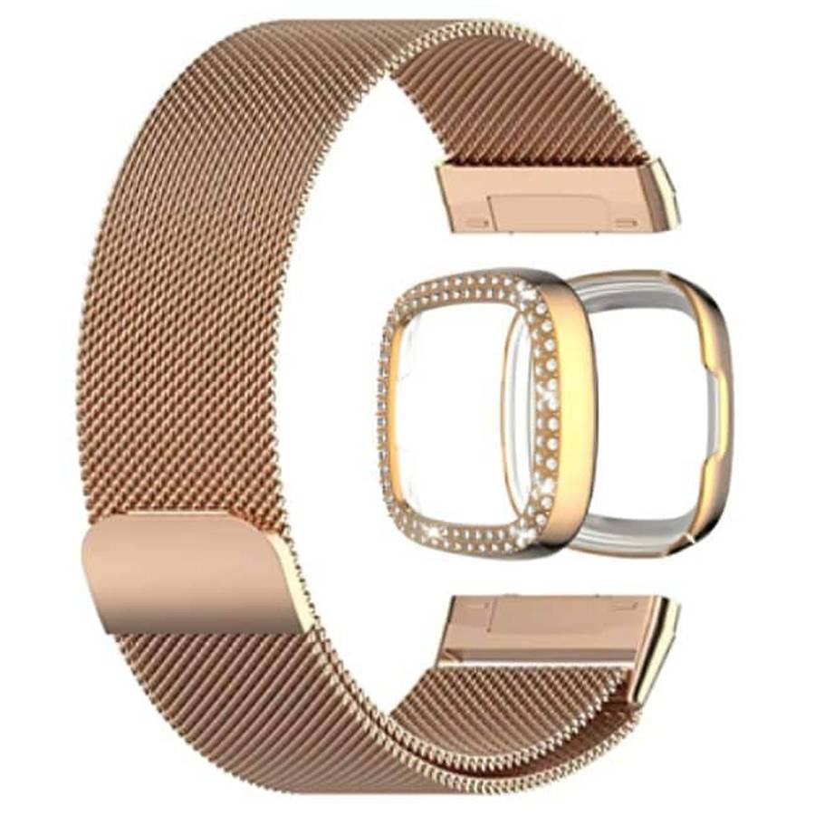Killer Deals Milanese strap and PC case with diamond for Fitbit Versa 3 ,Sense - Rose Gold Combo
