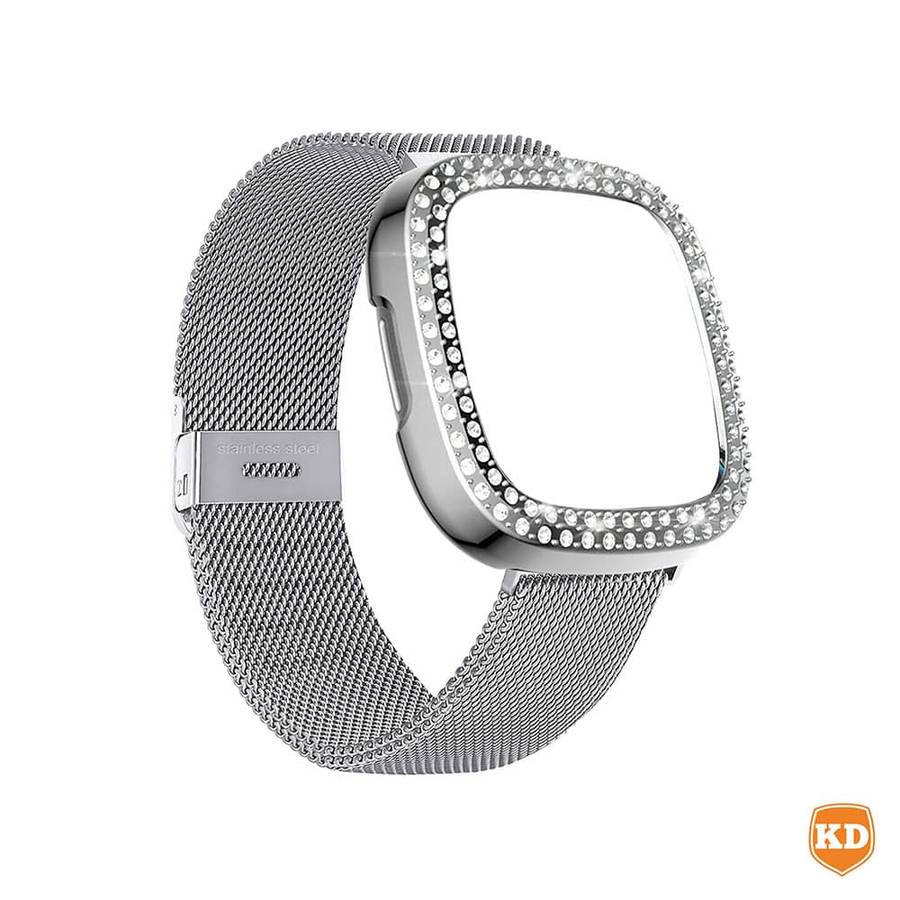 Killer Deals Milanese strap and PC case with diamond for Fitbit Versa 3 ,Sense - Rose Gold Combo