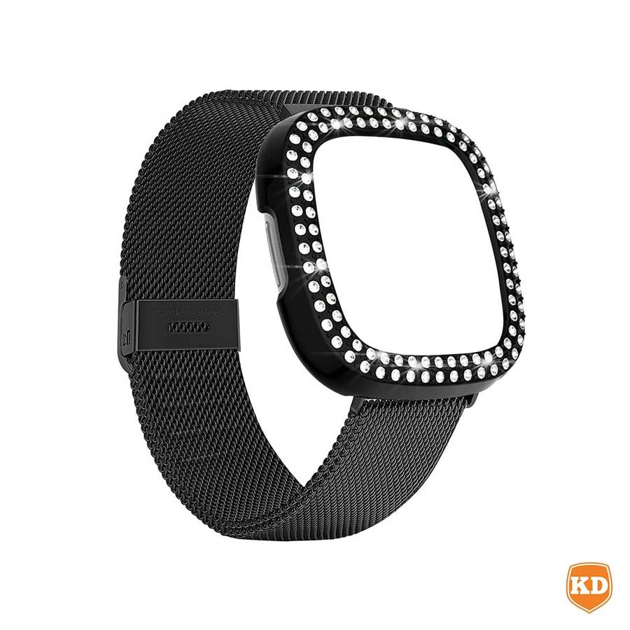 Killer Deals Milanese strap and PC case with diamond for Fitbit Versa 3 ,Sense - Rose Gold Combo