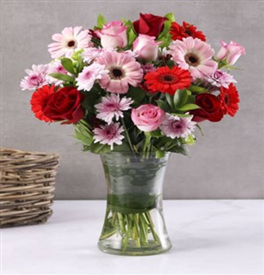 Pink and Red Gerberas, Roses and Sprays in Vase