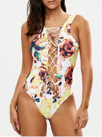 Printed Lace Up Plunge Swimsuit - XLarge