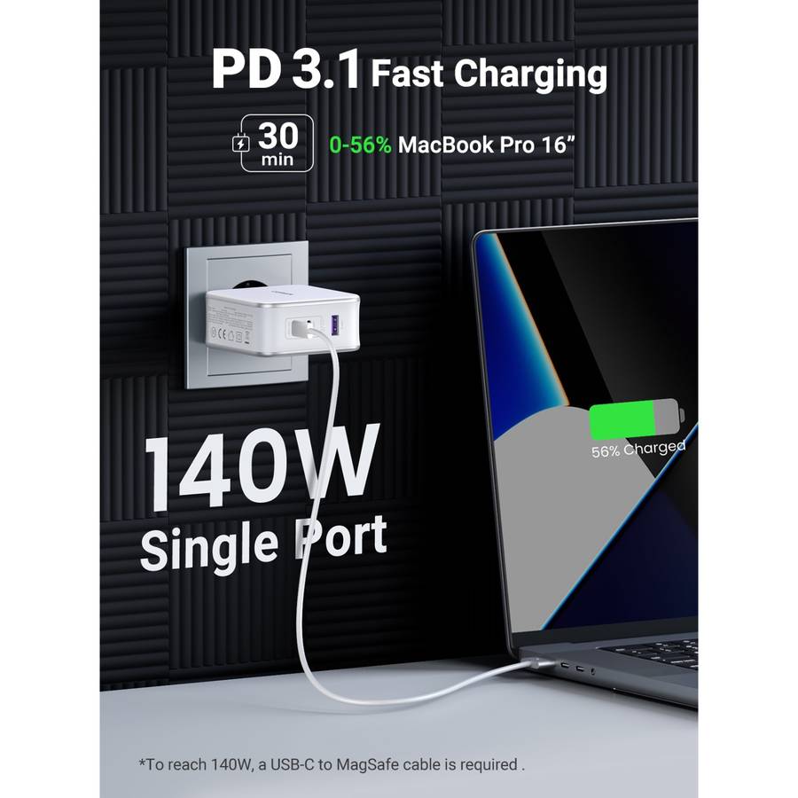UGREEN 140W GaN Charger - 3 Port Fast Charger - White