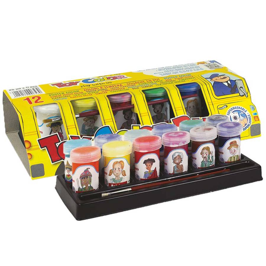 Toy Color - Ready Mix Poster Paint Pots - Bus Adventure - 12 Superwashable Colours, 25ml