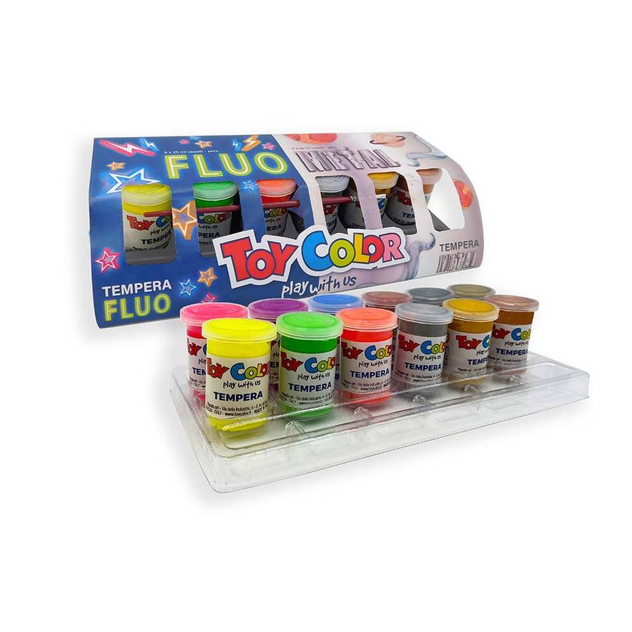 Toy Color - Ready Mix Poster Paint Pots - Fluorescent & Metallic - 12 Superwashable Colours, 25ml