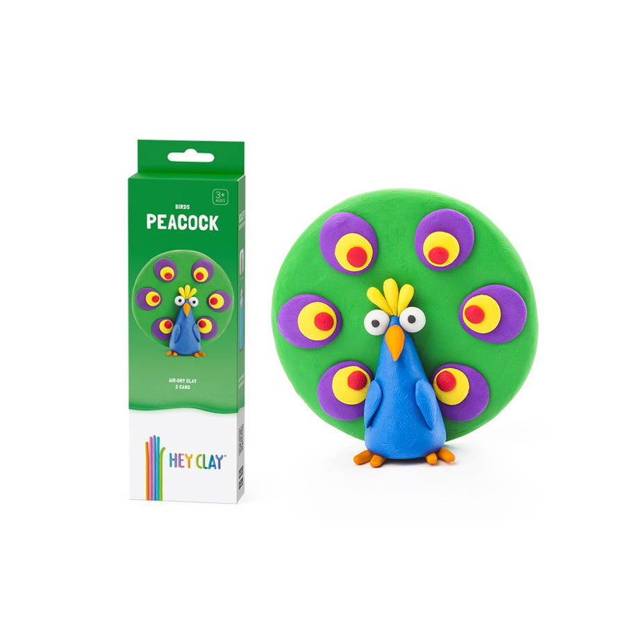 Hey Clay - Modelling Air-Dry Clay with Fun Interactive App - Peacock, series Birds, 3 cans