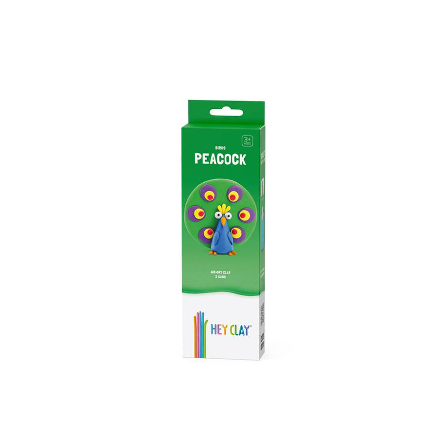 Hey Clay - Modelling Air-Dry Clay with Fun Interactive App - Peacock, series Birds, 3 cans