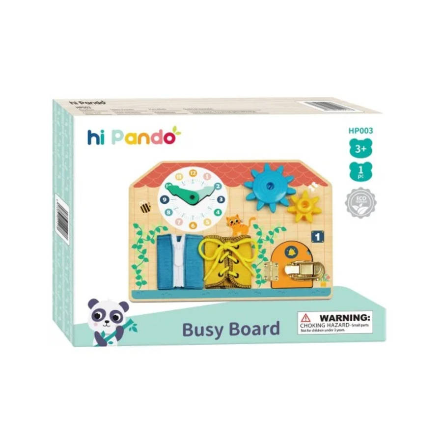 hi Pando - Wooden Busy Board - Interactive Latches and Laces Learning Toy