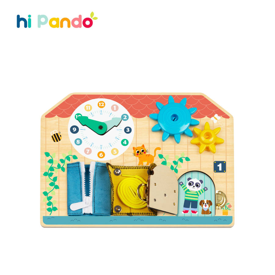 hi Pando - Wooden Busy Board - Interactive Latches and Laces Learning Toy