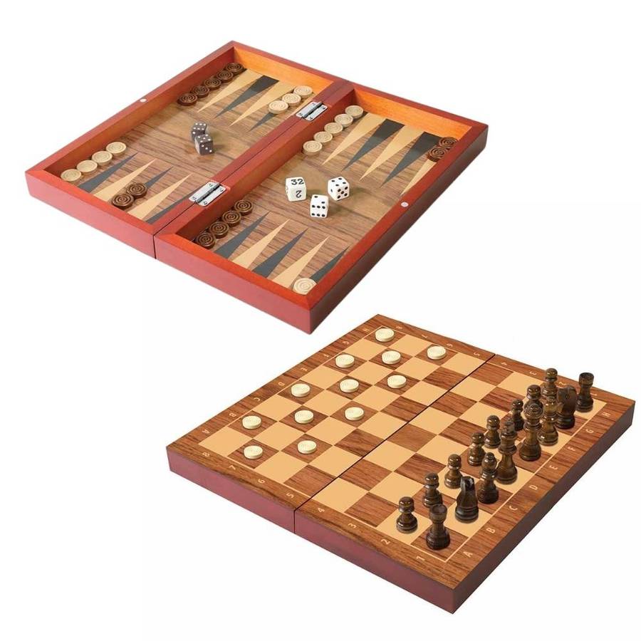 Ambassador - Folding Wooden Chess, Checkers, & Backgammon Set