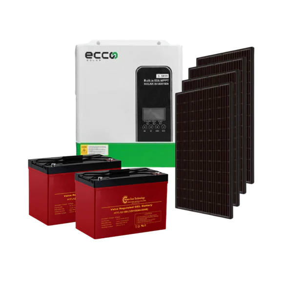 Ecco 3.5KVA / 3500W 24V MPPT Hybrid Inverter + 2x 12V 120AH Deep Cycle Gel Batteries + 3x 460W Mo...