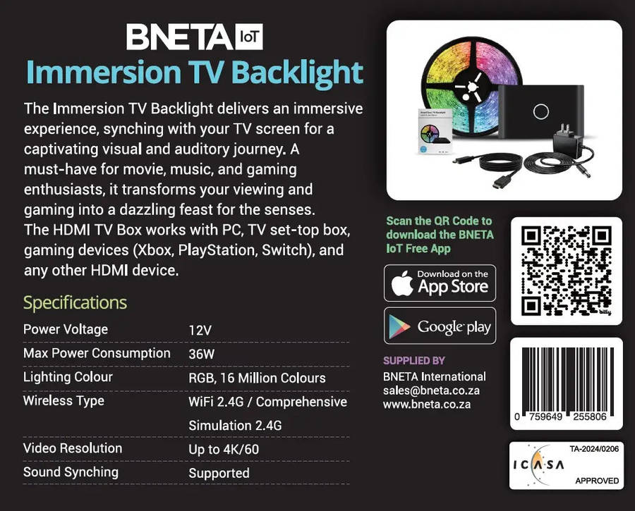BNETA IoT Immersion TV Backlight with HDMI Sync Box K90