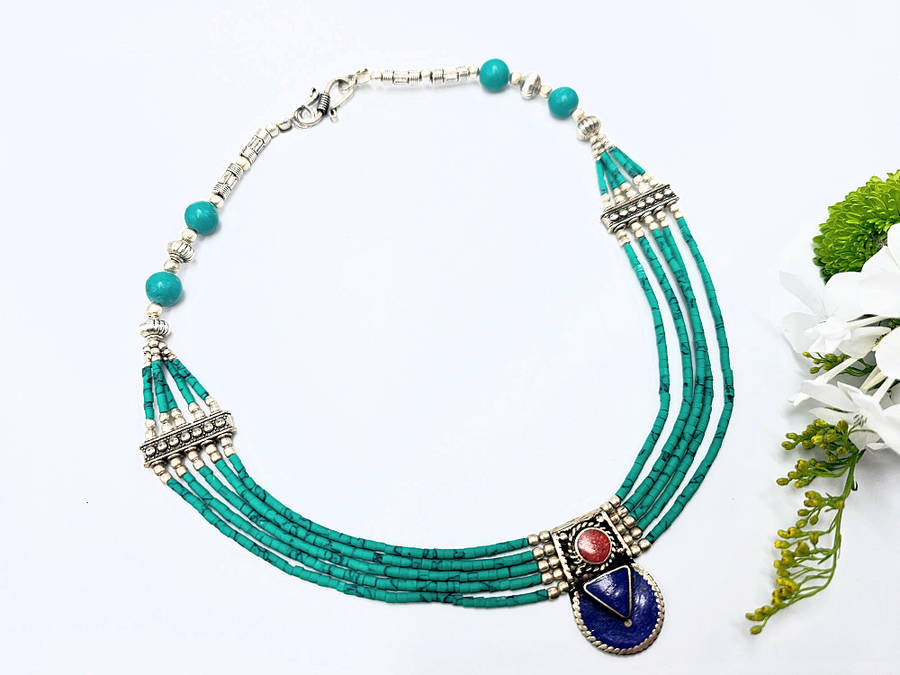 Tibetan Choker Necklace Layered - Turquoise