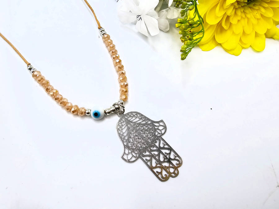 Hamsa Hand Necklace Tan Evil Eye (Silver)