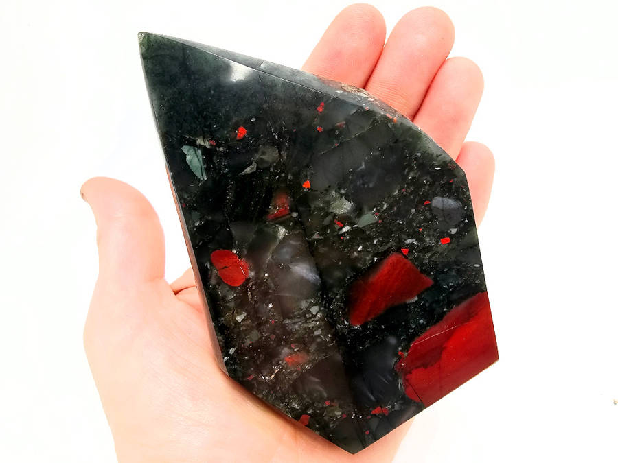 Swazi Bloodstone Polished Point A (340g) Pyrite