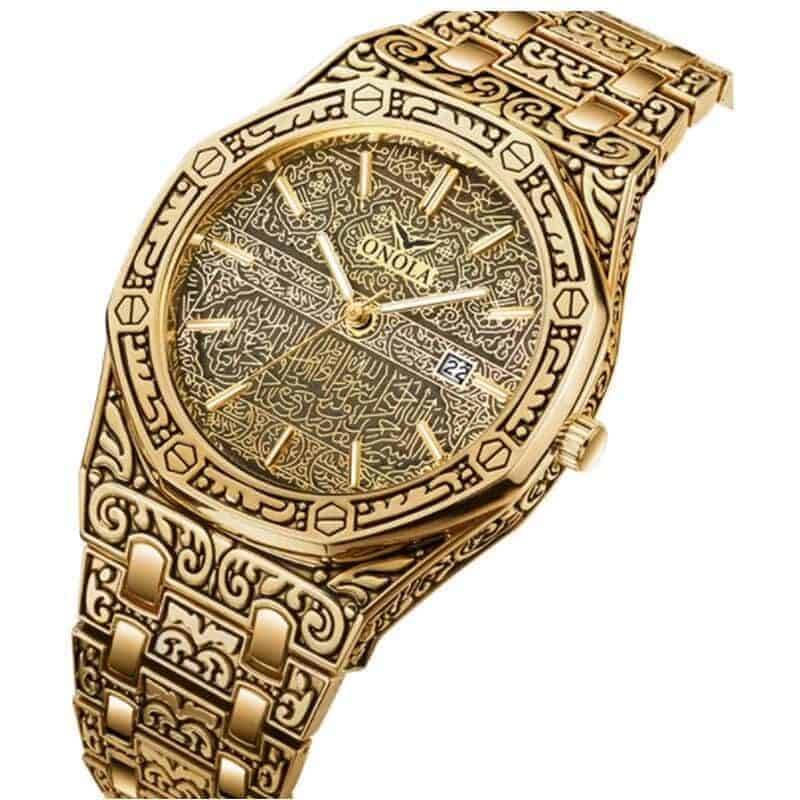 Mens Watch Antique Carved Gold, Gold Inlay, Quartz, Waterproof