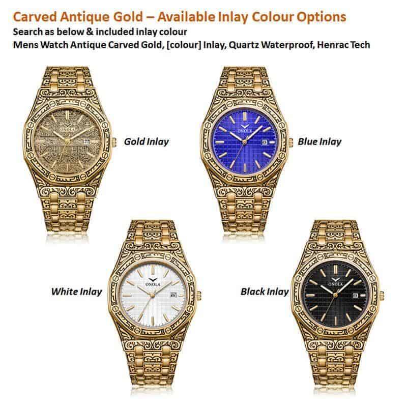 Mens Watch Antique Carved Gold, Gold Inlay, Quartz, Waterproof