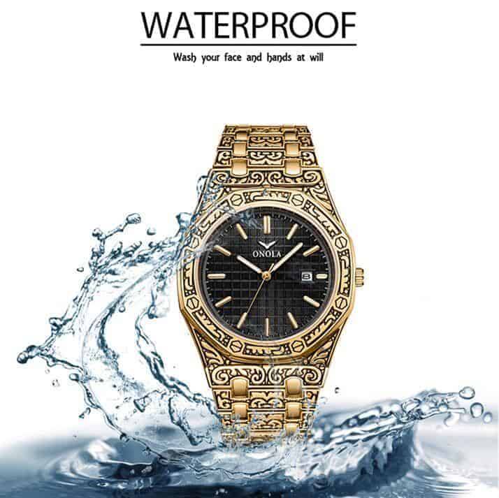 Mens Watch Antique Carved Gold, Gold Inlay, Quartz, Waterproof