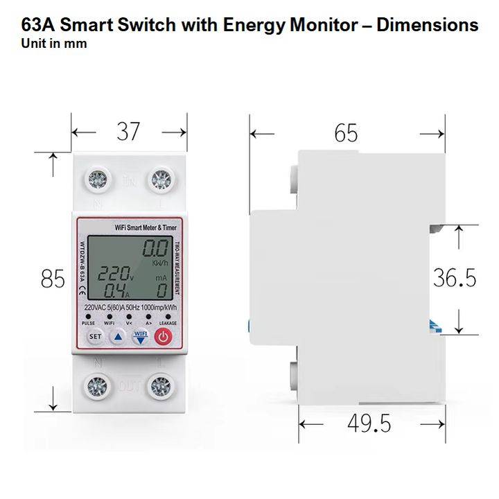 Smart Switch Voltage & Energy Monitor | Earth Leakage | 63A, 230VAC | WiFi Tuya Smart Life