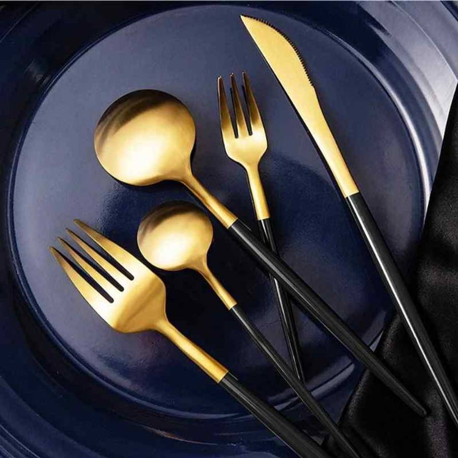 DMart 24 Piece Cutlery Set-Stainless Steel Black & Gold