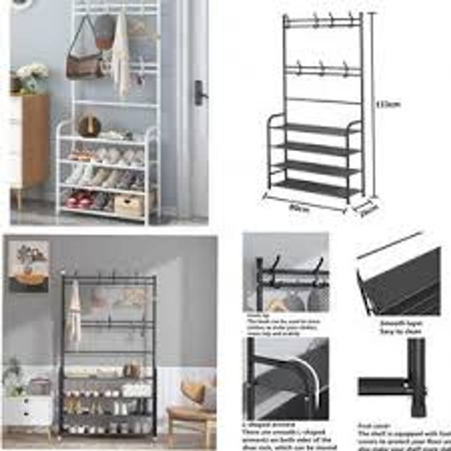 Multifunction 5-Tier Coat & Shoe Shelf Rack Organizer With 8 Hooks-Black
