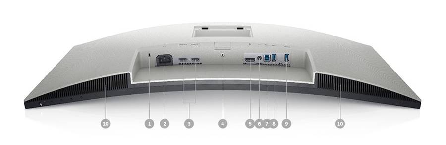 Dell S3221QSA Curved Monitor with the screen down and numbers from 1 to 10 signaling the ports available below the product.