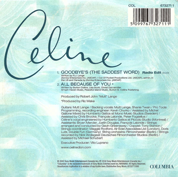 Celine Dion  Goodbye's (The Saddest Word) (Music CD)