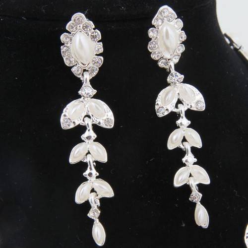 Noble-Women-Ellipse-Pearl-Leaves-Necklace-Earring-Silver-Plated-Jewelry-Sets