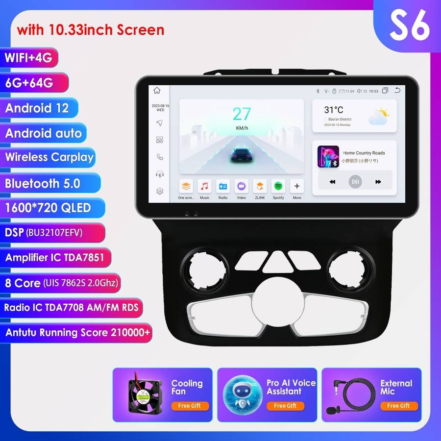 6+64GB Android12 Stereo Radio GPS 10.33"for Dodge Ram 1500 2500 3500 2013-18 DSP
