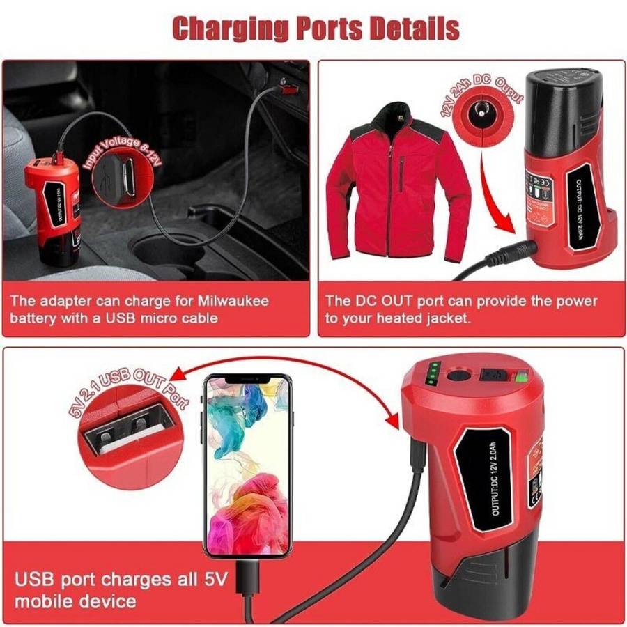 USB Charger Adapter Power Source For Milwaukee 12V Li-ion Battery 48-59-1201 N12