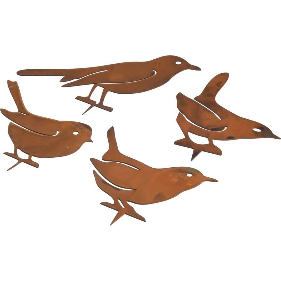 Rusty Metal Birds Stake Silhouettes Set Of 4 Decorative Garden Figures