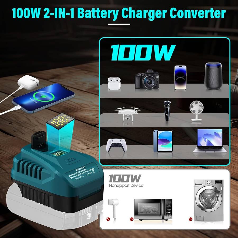 100W USB Charger Adapter for Makita 18V QC3.0 Type-C USB Port with LED Display