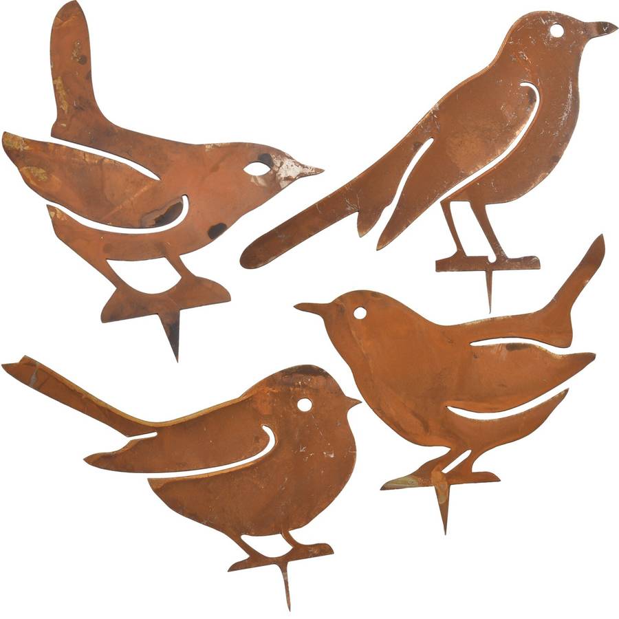 Rusty Metal Birds Stake Silhouettes Set Of 4 Decorative Garden Figures