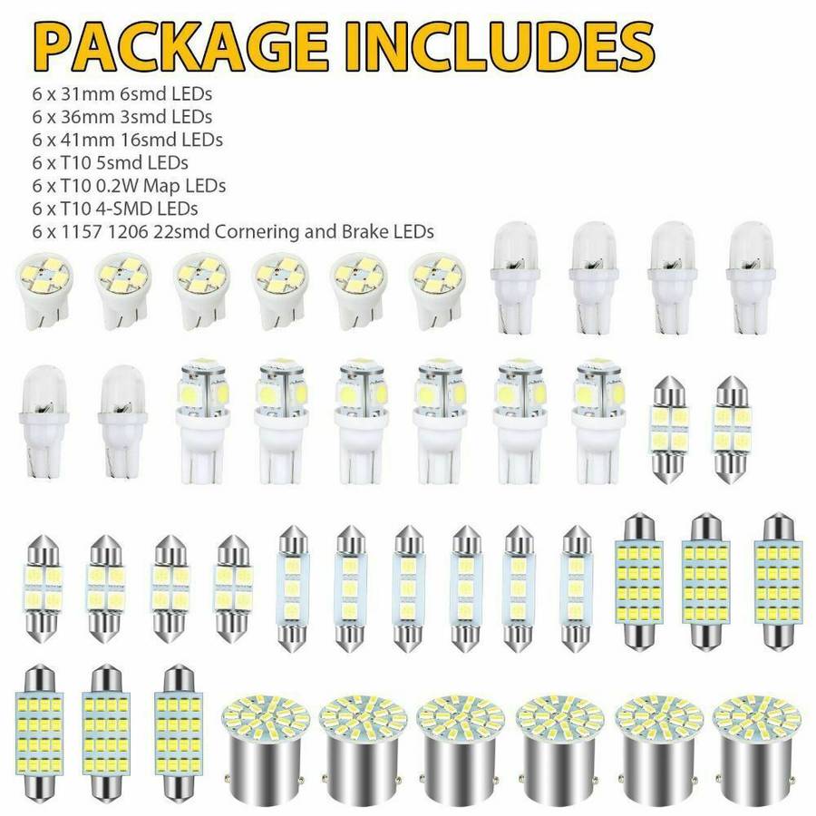 42pcs Car LED Interior White Combo Map Dome Door Trunk License Plate Light Bulbs