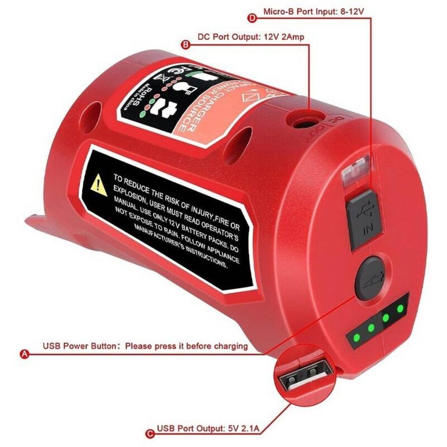 USB Charger Adapter Power Source For Milwaukee 12V Li-ion Battery 48-59-1201 N12